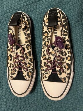 Converse Women's Leopard Canvas Low Top Sneakers in Cream, Black & Purple